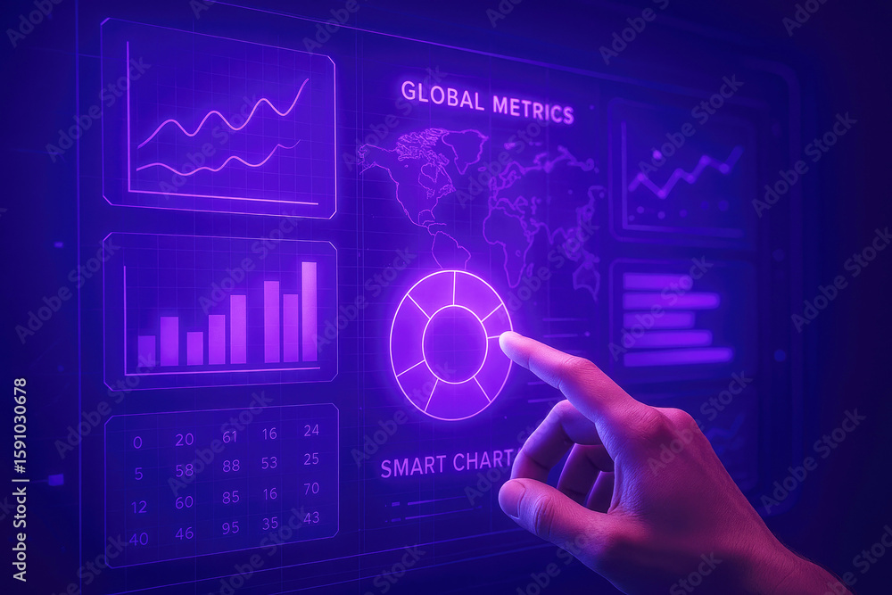Poster hand interacting with futuristic digital dashboard displaying global metrics and charts