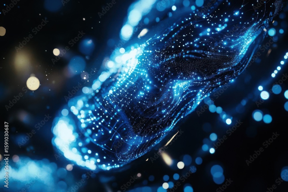 Poster experience data flow with blue lights, a dynamic and luminous network concept