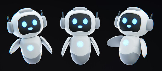 Set of 3D Neural network chat bot isolated in black background. AI servers technology. Help assistance, artificial intelligence support device. Smart robotics render. 3D illustration.