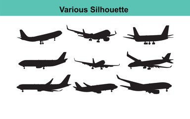 Airplane Silhouette Vector Set: Commercial Aircraft, Jet Plane Clipart, Aviation Graphics, Transportation Design Elements, Black and White Illustration