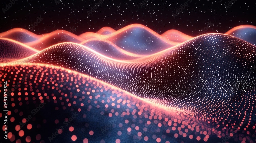 Poster abstract data waves flowing in dark space with glowing particles theme