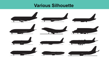 Airplane Silhouette Vector Set: Collection of Different Aircraft Silhouettes for Graphic Design, Transportation, and Aviation Projects