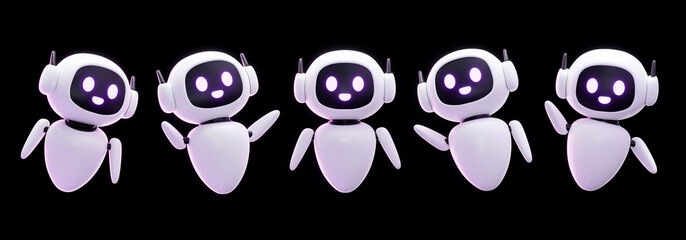 Set of 3D Neural network chat bot isolated in black background. AI servers technology. Help assistance, artificial intelligence support device. Smart robotics render. 3D illustration.