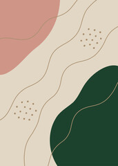 Organic abstract art with curved lines and dots. Green pink beige minimalist illustration. Light background, decoration, vector