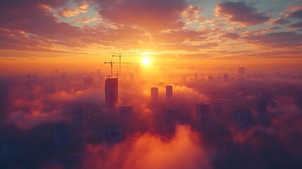 Beautiful sunrise over a foggy city with skyscrapers and construction image