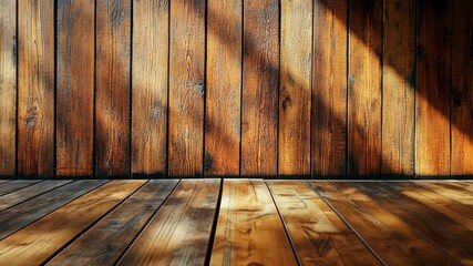 Rustic wooden interior with warm tones, sunlight casting shadows on the floor and walls - Powered by Adobe
