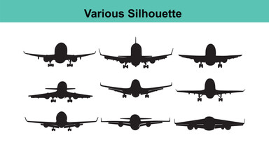Airplane Silhouette Vector Art: Collection of Commercial Aviation Aircraft Front View Black Silhouettes for Graphic Design and Illustration Projects