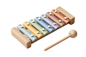 A colorful wooden xylophone with eight metal bars and a wooden mallet resting beside it.