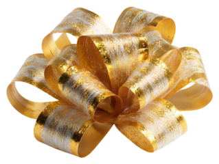 Angled Gold Foil Ribbon Bow with Shimmering Light and Curved Loops, Dynamic Composition, Isolated on Transparent Background PNG