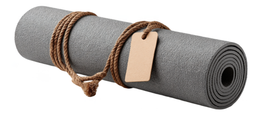 A rolled gray yoga mat tied with a brown rope and a blank tag attached.