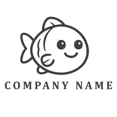 Cute black and white cartoon-style fish logo with round eyes, a smiling face, and simple fins, designed in a clean and playful style suitable for kids branding.