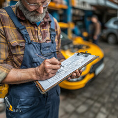 A man in a blue jumpsuit is writing on a clipboard. He is wearing glasses and has a beard