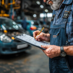 A man is writing on a clipboard in a garage. He is wearing a blue jumpsuit and a watch