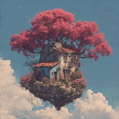 A house is floating in the air above a tree. The house is small and has a blue roof. The tree is pink and has pink leaves. The sky is blue and has some clouds