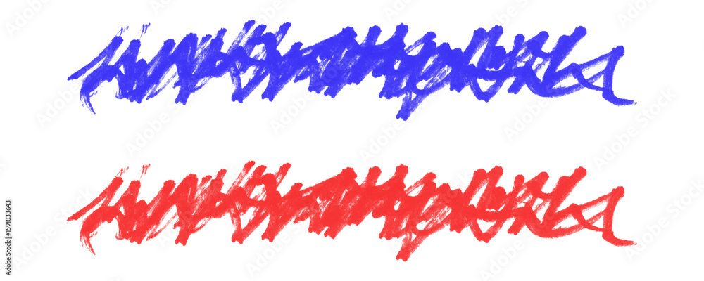 Poster artistic highlighter strokes in red and blue with pencil hatch doodles and marker scribbles on a tra