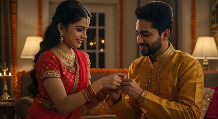 A young woman in a red sari ties a rakhi bracelet on the wrist of a young man in a yellow kurta, both smiling.
