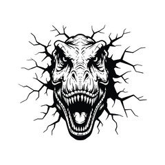 T-Rex Dinosaur Head Vector, Cracked Wall Dino Illustration, Angry Tyrannosaurus Face Clipart