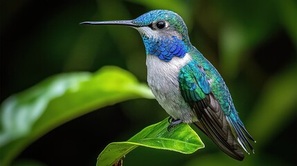 Fototapeta premium Close-up of a colorful hummingbird perched on a vibrant green leaf