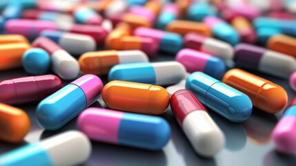 Diverse healthcare represented through an array of multicolored pills, including opioids and vitamins.