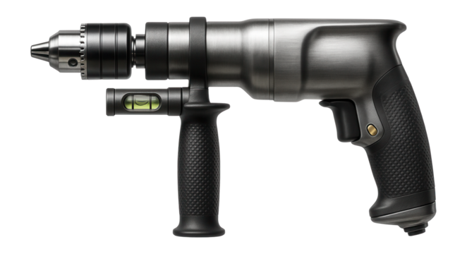 Impact drill with a side-mounted level for precise drilling in a cabinetry workshop.