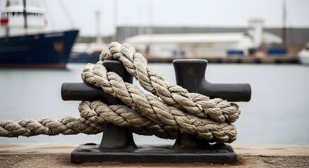 Fototapeta premium Close-up of weathered mooring rope tied to a harbor bollard