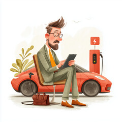 A man in a suit is sitting in a red car with a tablet in his lap. He is looking at the tablet, possibly checking his email or browsing the internet. Concept of modernity and technology