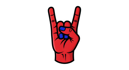 Red Hand Rock On Gesture with Blue Nails Isolated on White