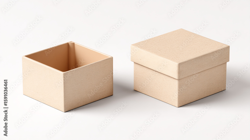 Poster two square beige boxes one open and one closed on a white surface in a studio shot