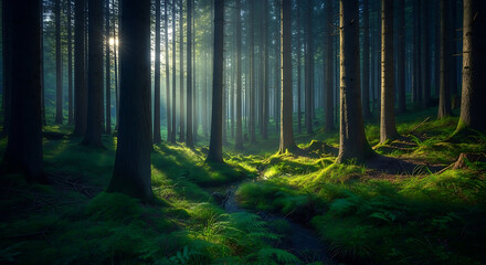 Obraz premium A serene forest scene with sunlight streaming through tall trees brighten a mossy forest floor and small stream, creating a tranquil woodland landscape with fresh, natural beauty.