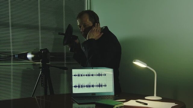 spy concept: a man with headphones records audio 1