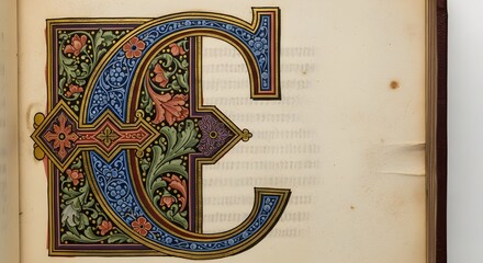 Illuminated Capital Letter C with Gothic Floral Design in Antique Book