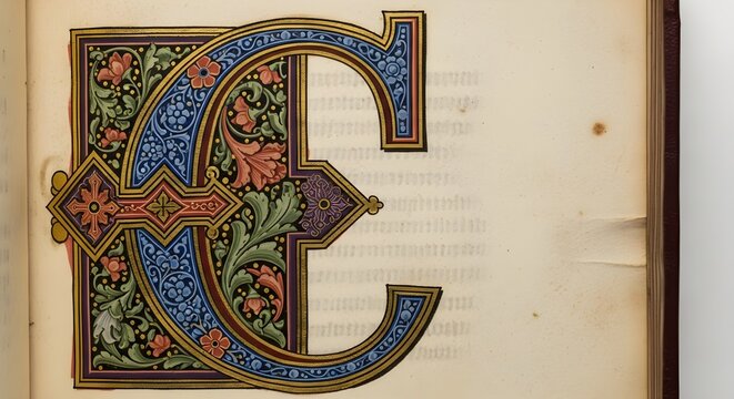 Illuminated Capital Letter C with Gothic Floral Design in Antique Book