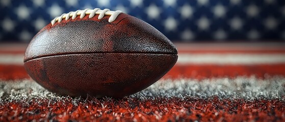Close-up of a weathered American football resting on a field, with a blurred American flag in the background