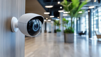 Smart camera surveillance system mounted wall modern office space, ensuring security