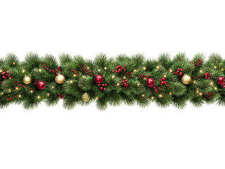 Christmas Pine Garland Horizontal Border with Red Berries and Gold Baubles, Isolated on Transparent Background PNG