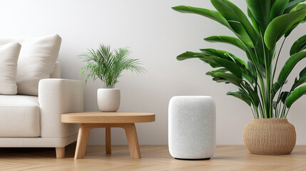 Fototapeta premium Smart speaker on wooden table with plants in modern living room, creating serene atmosphere