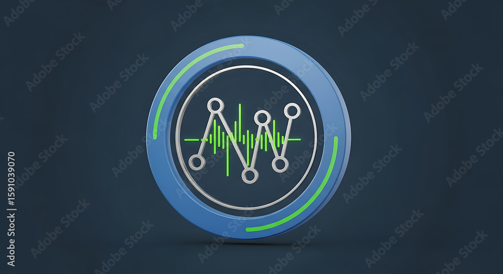 Fototapete a blue circle with a silver outline containing a green waveform and silver nodes on a dark backgroun