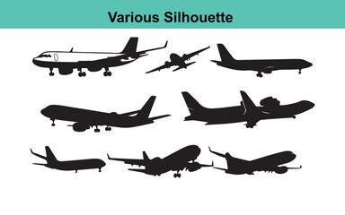 Airplane Silhouette Vector Set: Collection of Various Aircraft Silhouettes in Black and White, Aviation Graphics for Design Projects