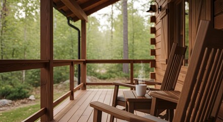 Steaming Coffee Cup on Wooden Porch Overlooking Lush Green Forest