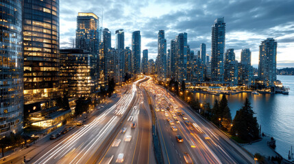 Aerial view of vibrant cityscape twilight, showcasing illuminated skyscrapers and busy traffic