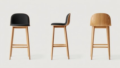 Three-view of a modern bar stool.  Dark-colored padded seat, light-colored wood legs