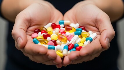 Hands Holding Assorted Colorful Pills and Capsules – Healthcare and Medication Concept