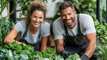 Couple harvesting vegetables in lush garden, smiling joyfully while working together