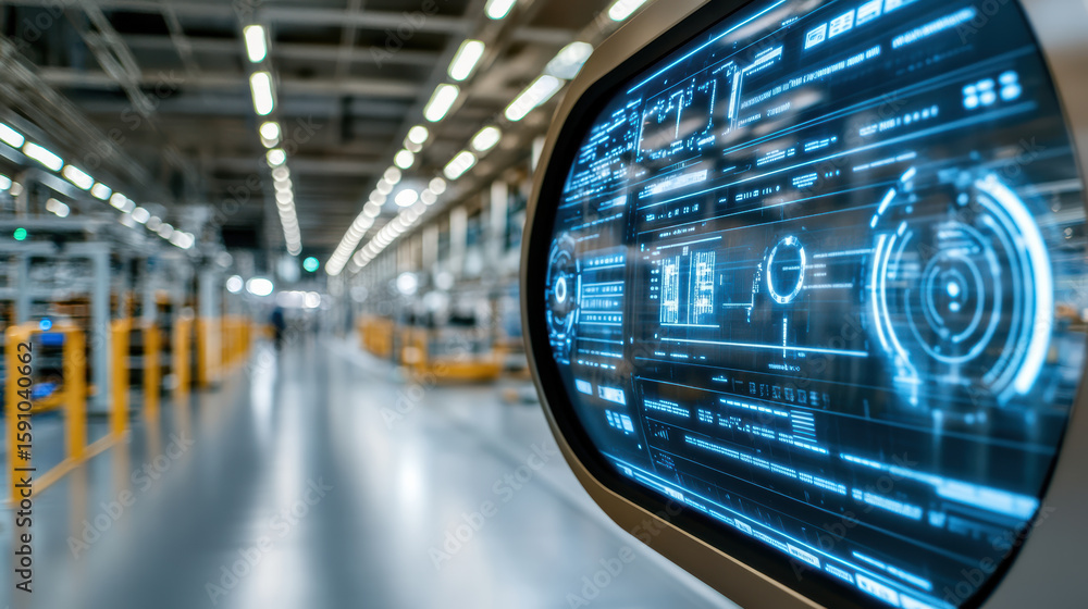 Poster high tech digital interface displayed in modern factory setting, showcasing advanced technology
