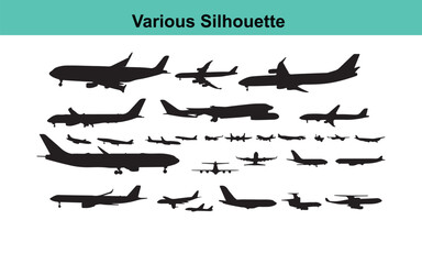 Airplane Silhouette Vector Collection: Diverse Aircraft Types, Commercial Jets, Private Planes, and Aviation Graphics for Design Projects
