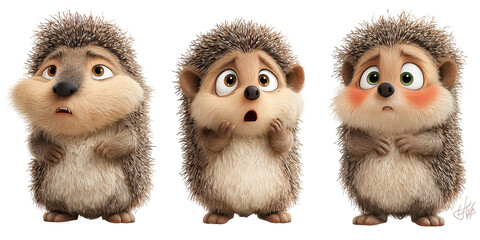 Fototapeta premium Three animated hedgehogs with expressions