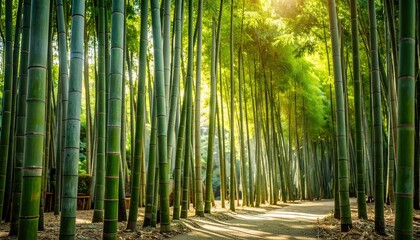 Sunlight filters through a bamboo forest