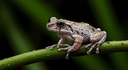 Obraz premium Small Speckled Frog Resting on Green Stem Close-up