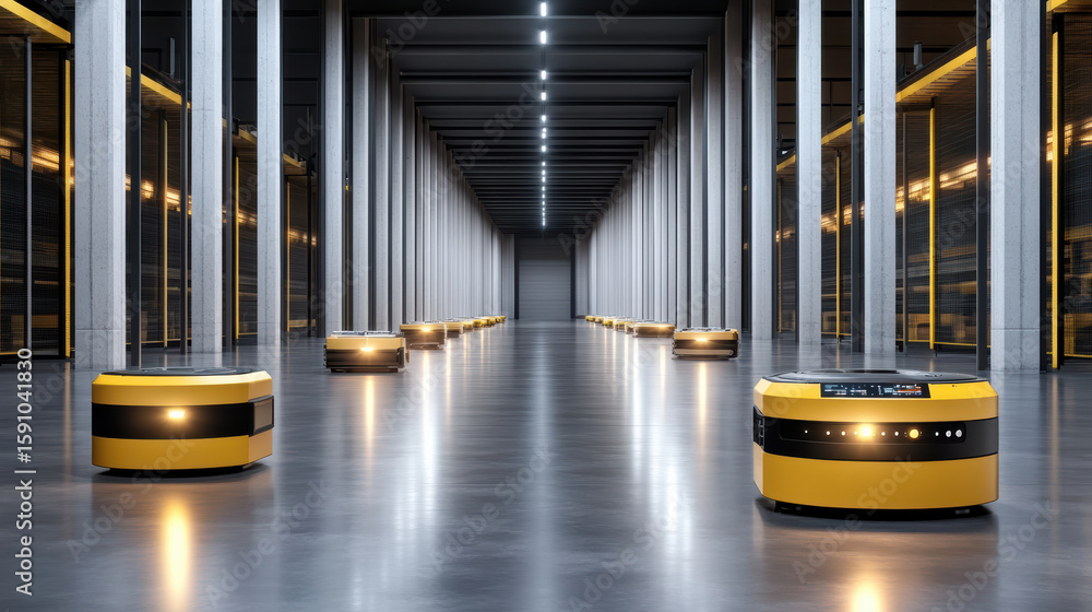 Poster automated robots navigate spacious logistics center, showcasing advanced technology