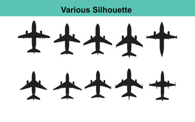 Airplane Silhouette Vector Set: Top View Black and White Clip Art of Various Aircraft Designs for Aviation, Travel, and Transportation Projects